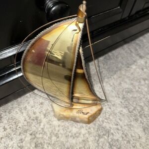 Vintage Abstract Sailboat Sculpture on Alabaster Base – Mid-Century Nautical Art